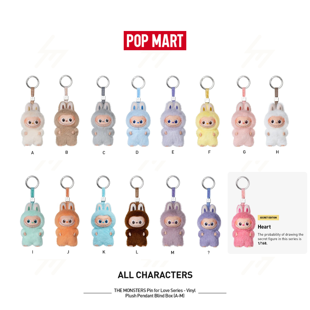 POP MART - Blind Box - THE MONSTER PIN FOR LOVE SERIES Vinyl Plush Pendant (A-M)