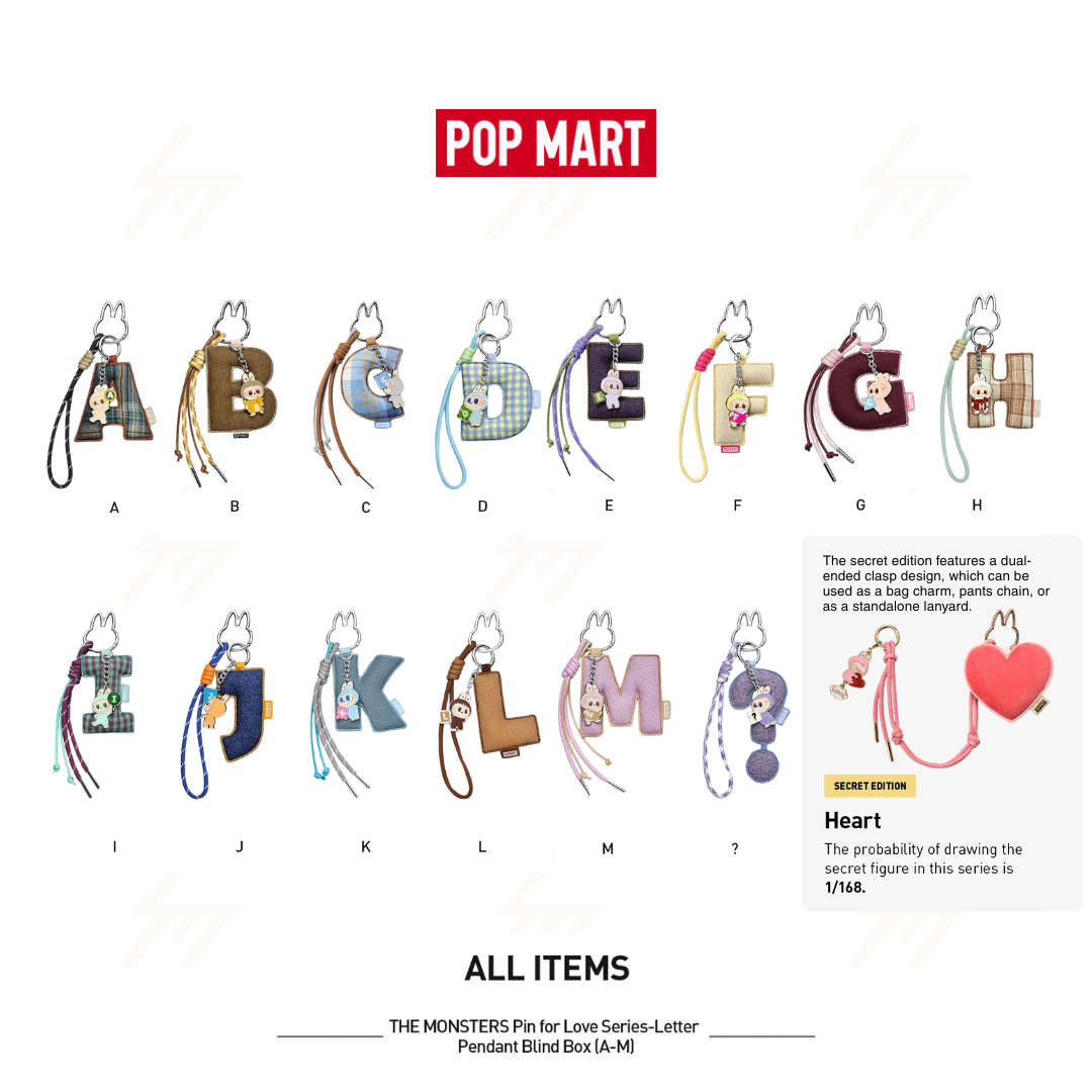 POP MART - Blind Box - THE MONSTER PIN FOR LOVE SERIES Letter Pendant (A-M)